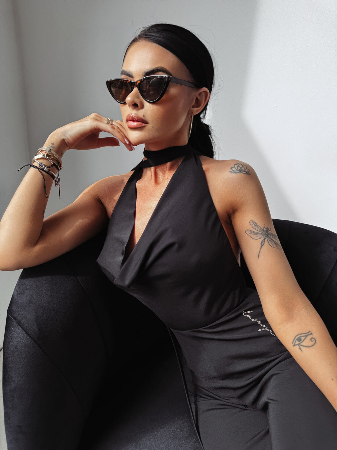 Champagne tie-up jumpsuit black